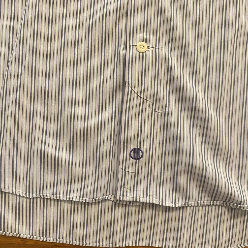 David Donahue Shirt Mens Large Blue White Pink Stripe Trim Fit Dress Monogrammed - Picture 8 of 12